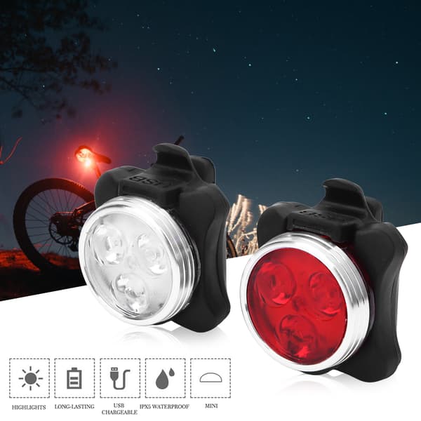650mA USB Rechargeable LED Bicycle Front Tail Safety Warning Light (Red White Set) 0.2