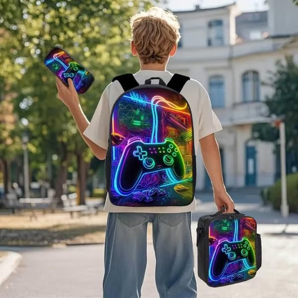3-piece backpack for boys, with lunch bag and pencil case, game backpack for students