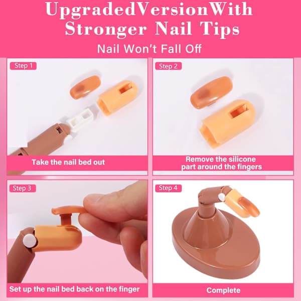 Acrylic Nail Practice Finger, 3 Artificial Finger Models with 1 Finger Base and Brown Nail Tips, Flexible Training Finger for Nail Practice
