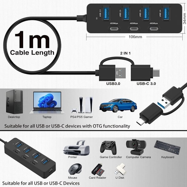 USB C Hub, 7 Port USB 3.0 til USB-C Hub, USB 3.0 Hub