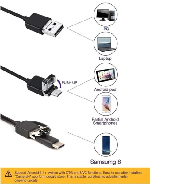 2m USB Endoskop Kamera Vanntett IP67 Fleksibel Kabel Android / PC Svart