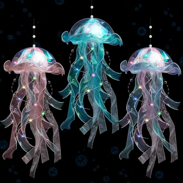 New Handheld Luminous Jellyfish Lanterns with Multi-Colored Ribbons and Flashing Night Lights - 3 Pack
