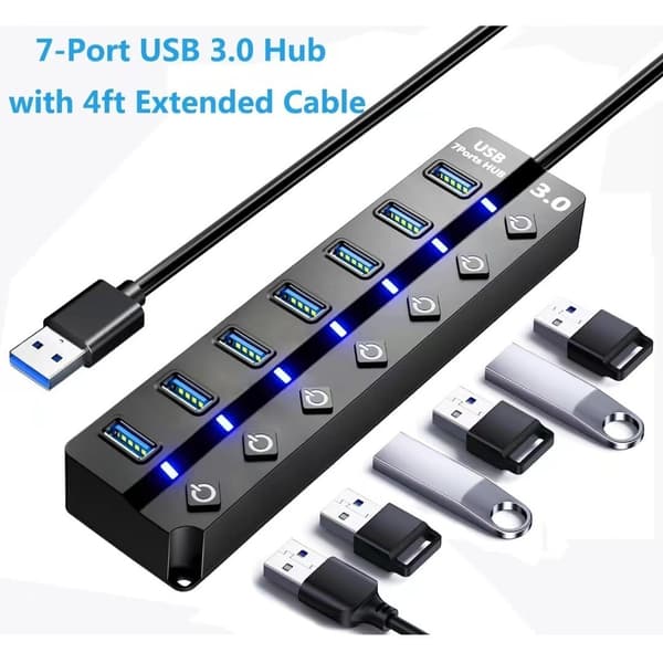 USB 3.0-hub, 7-porters USB-datahub-splitter, USB-forlenger