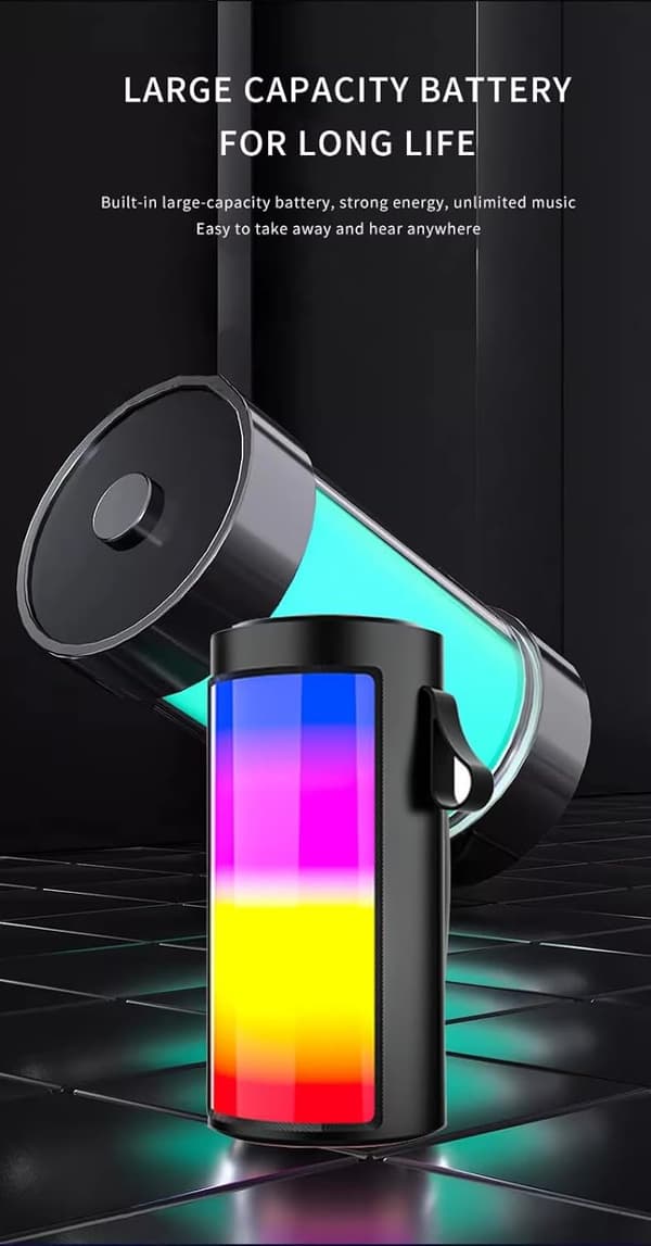 This RGB wireless Bluetooth speaker has a built-in microphone and is compatible with Android and iOS devices, USB devices, AUX input, and FM radio