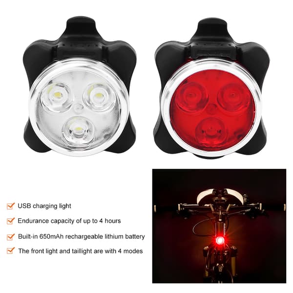 650mA USB Rechargeable LED Bicycle Front Tail Safety Warning Light (Red White Set) 0.2
