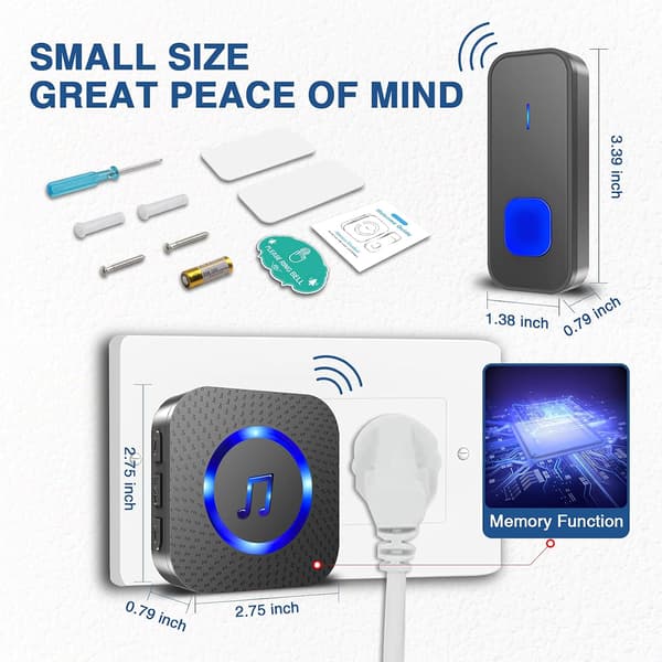 Wireless Loud Waterproof Doorbell, Easy Installation, 400m Range, 55 Melodies 5 Adjustable Volume Levels, LED Flash (1 Button+2 Receivers)