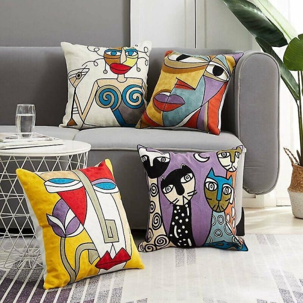 Picasso Cushion Covers - Set of 4 | 45 x 45 cm | Embroidered Cotton Linen | Scandinavian Style | Living Room, Bedroom, Office, and Armchair Decoration