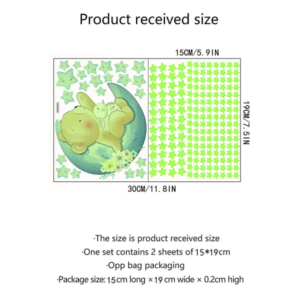 Tecknad Bear Moon Star Glow Väggdekal för barnrumsinredning