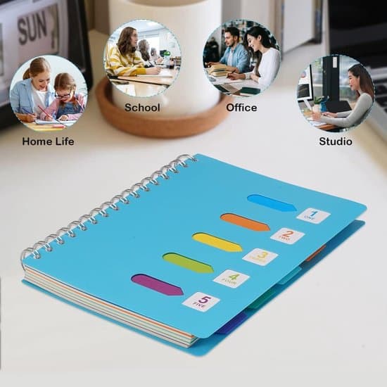 An A5 notebook with labels and loose-leaf, a spiral-bound insert, 5 index tabs and dividers, and 5 subject sections.