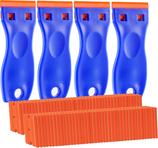4 Pieces Plastic Razor Blade Scraper and 120 Pieces Plastic Razor Blades, Cleaning Scraper Tool for Removal, Glue, Sticker, Decals, Glass, Label, Car Window