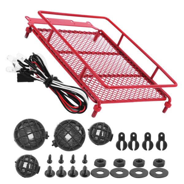 Metallinen kattoteline matkatavarateline LED-valolla, sopii MN 1/12 RC Crawler MN90 / MN90KRed