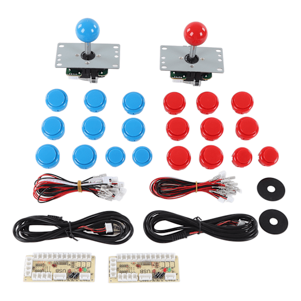 2-Spillers DIY Arcade-sett USB-kortspillkoder Joystick Arcade-knapper Sett for venner samling Blå og rød