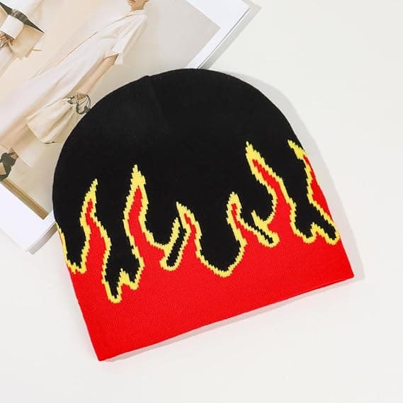 Thick Warm Earmuff Beanie Hat Men Winter Flame Print Riding Knitted Hat Costume Accessories Red
