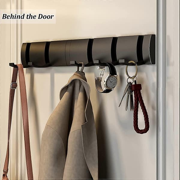 Wall Mounted Coat Rack with 6 Hooks, Modern Black Foldable Bathroom Hanger, Space-Saving Towel Rack for Hanging Jackets, Hats