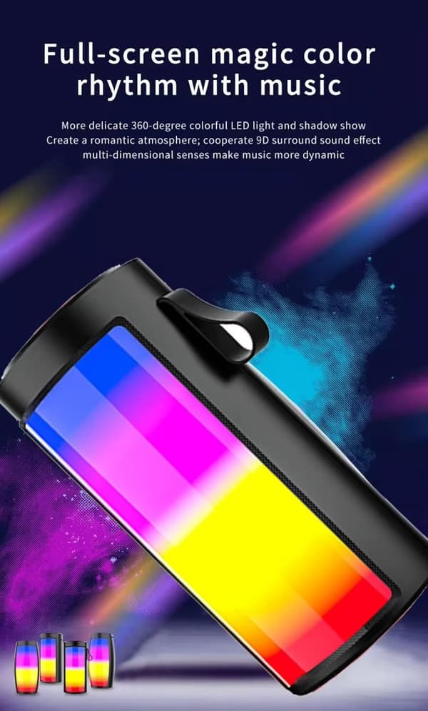 This RGB wireless Bluetooth speaker has a built-in microphone and is compatible with Android and iOS devices, USB devices, AUX input, and FM radio