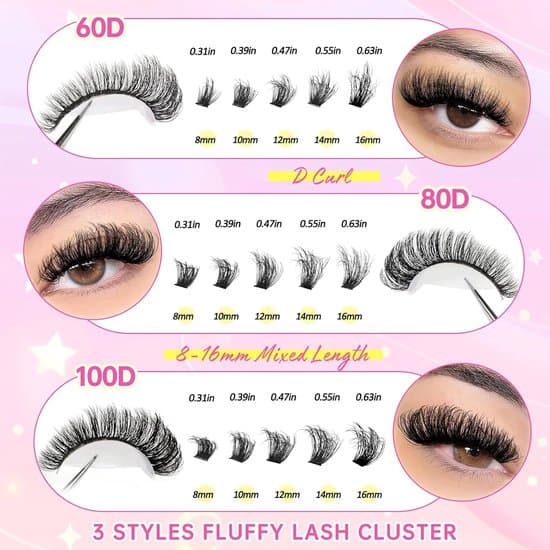 Eyelash Extensions - Cluster Lash Extension Set - False Eyelashes - 300 Fluffy Volume Lash Clusters - 8-16mm Mix - 3 Styles - 60D + 80D + 100D