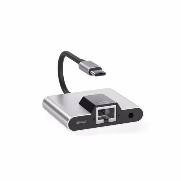 Typ-C till RJ45-adapter stöder 100 Mbps nätverkshastighet, laddning och 3,5 mm hörlurar för röstsamtal