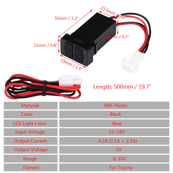 12V-24V 2.1A Dobbel USB-port Bil Lader Strøm Adapter Sokkel for Toyota Mobiltelefon
