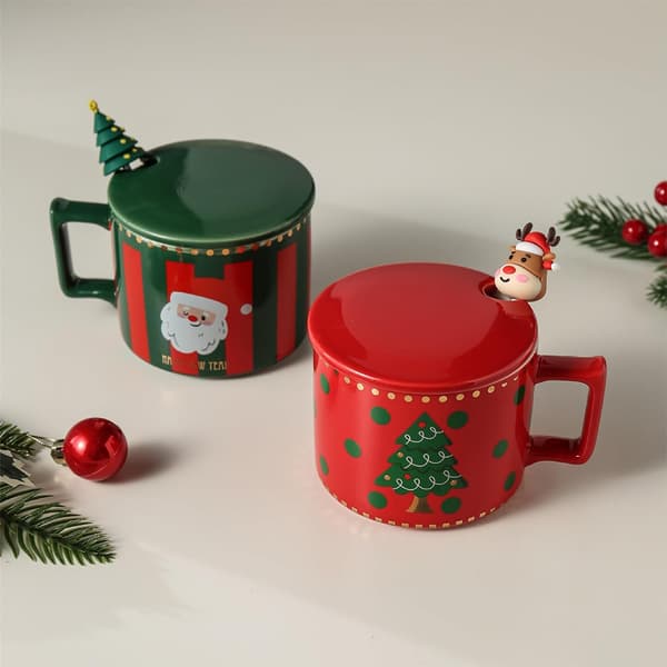 Christmas Gift Mug with Lid and Spoon, Creative Ceramic Mug Christmas Series Gift Box