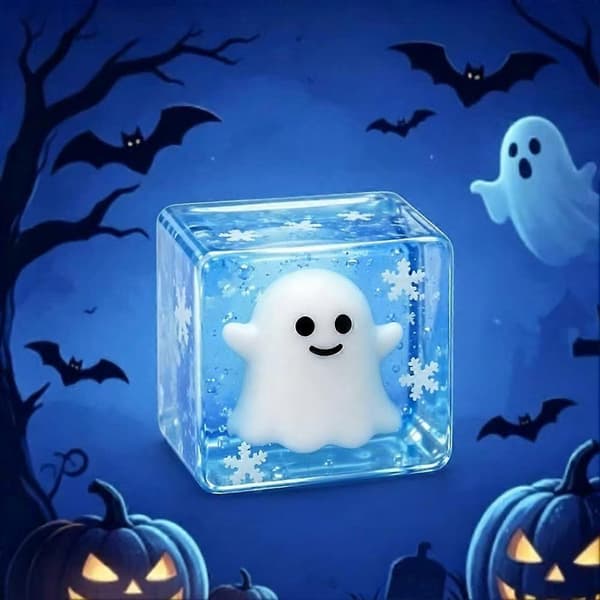 Glow in The Dark Ghost Squishies Fidget Toy Cube, Stress Relief Squeeze Ice Cube with Inside Ghost for Halloween Gift B