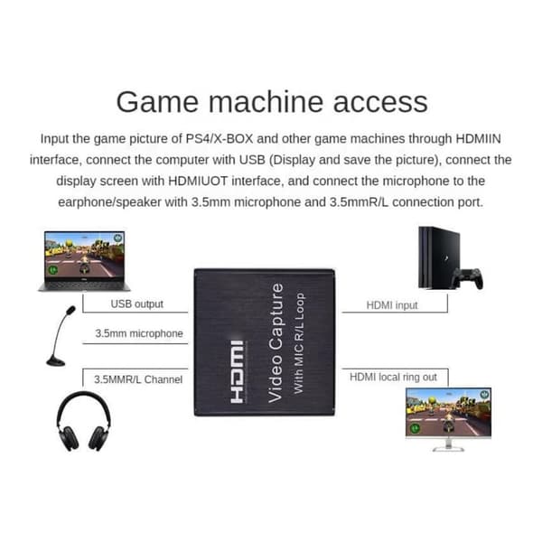 HDMI Capture Card, 4K Input 1080P 60FPS Output med Mikrofon/Audio Loop, til Streaming/Optagelse, Kompatibel med PS5/PS4/Switch
