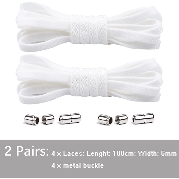 Hvite flate elastiske skolisser med metallspenner - 2 par, trådløs design for barn og voksne, ideell for alle sko
