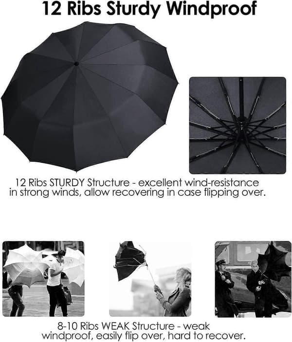 Umbrella Windproof Travel Compact, 12 Ribs Strong Folding Automatic Large Rain Umbrella with Teflon Coating, Wind Resistant with Leather Case
