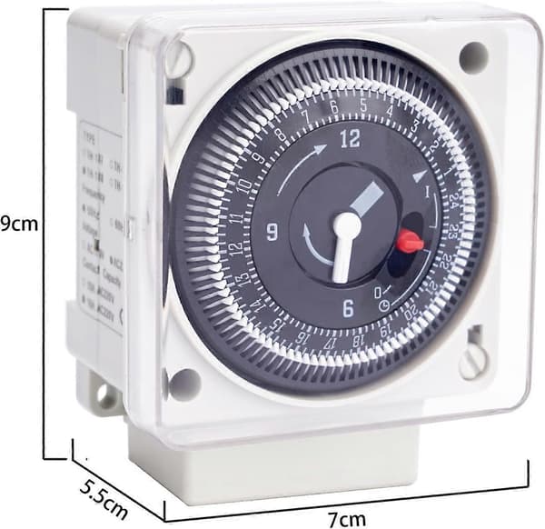 Mekanisk timer, 220-240V 16A, 24 timer, analog daglig, universalbryter - enkanals tidsbryter, nedsenkbar segmentert timer