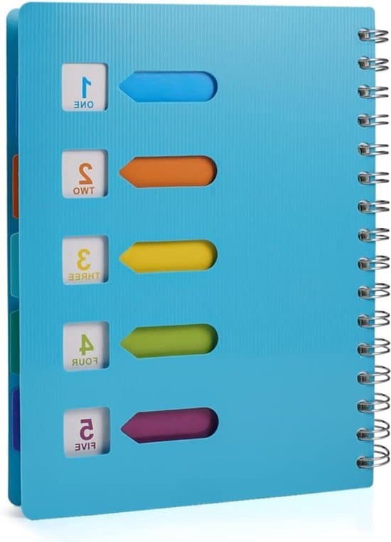 An A5 notebook with labels and loose-leaf, a spiral-bound insert, 5 index tabs and dividers, and 5 subject sections.
