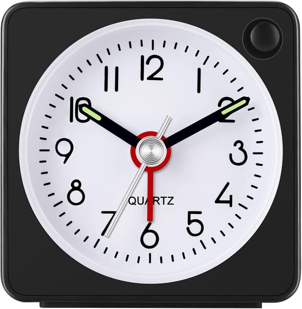 Travel Analog Alarm Clock, 2.25 inch, Ultra Small Clock with Snooze and Light Function, Super Silent Non-Ticking, Battery Operated, Easy Setting