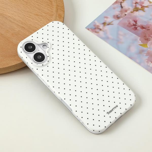 iPhone 17-deksel, IMD mykt dekselmateriale, søtt og stilig prikkete mønster, vakkert design, hvit white