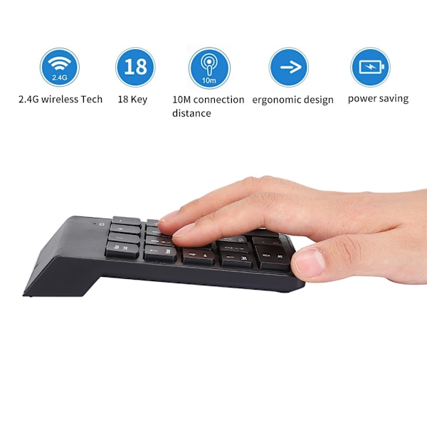 Mini trådløst digitalt tastatur USB 2.4GHz 18-tasters finansielt regnskapstastatur for PC/DesktopBlack