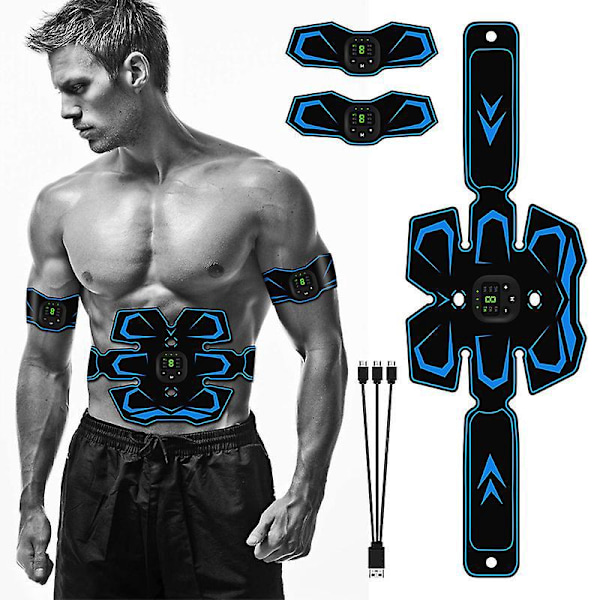 Genopladelig Muskelstimulator til Mavemuskler med 10 Gel-Puder - 6 Tilstande & 15 Intensitetsniveauer - til Mave, Arme, Ben - EMS Bodybuilding Mavemuskelstimulator