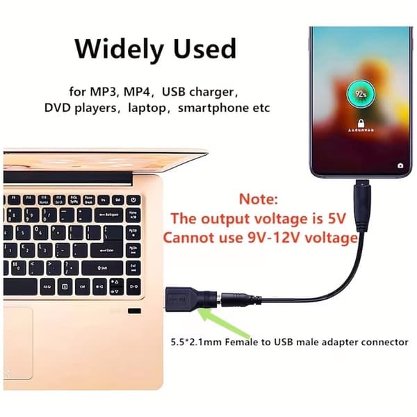 5 stk. Vanlig USB til 5,5*2,1 mm strømadapter, 5,5*2,1 mm hunn til USB 2.0 hannadapter