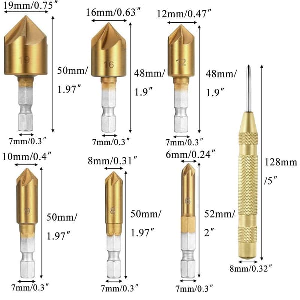 23-piece Woodworking Kit: Countersinks (1/4\" Hex Shank, 90° Angle), Three-Point Countersinks with L-Wrench, Plug Cutter.