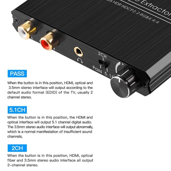 HDMI lyduttrekkeradapter HDMI til optisk SPDIF 3,5 mm stereo L/R lydkonverterer volumkontroll