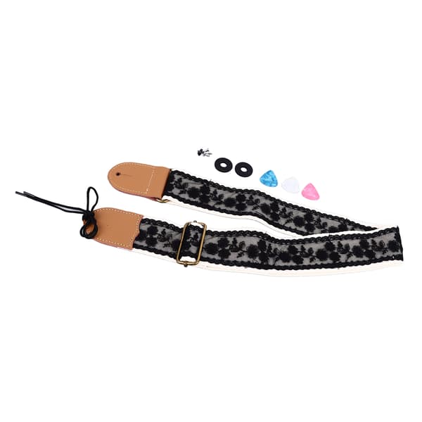 Gitarrband Svart Spets Broderat Mönster Läder Nylon Axelband med Plektrum för Elektrisk Akustisk Gitarr Bas