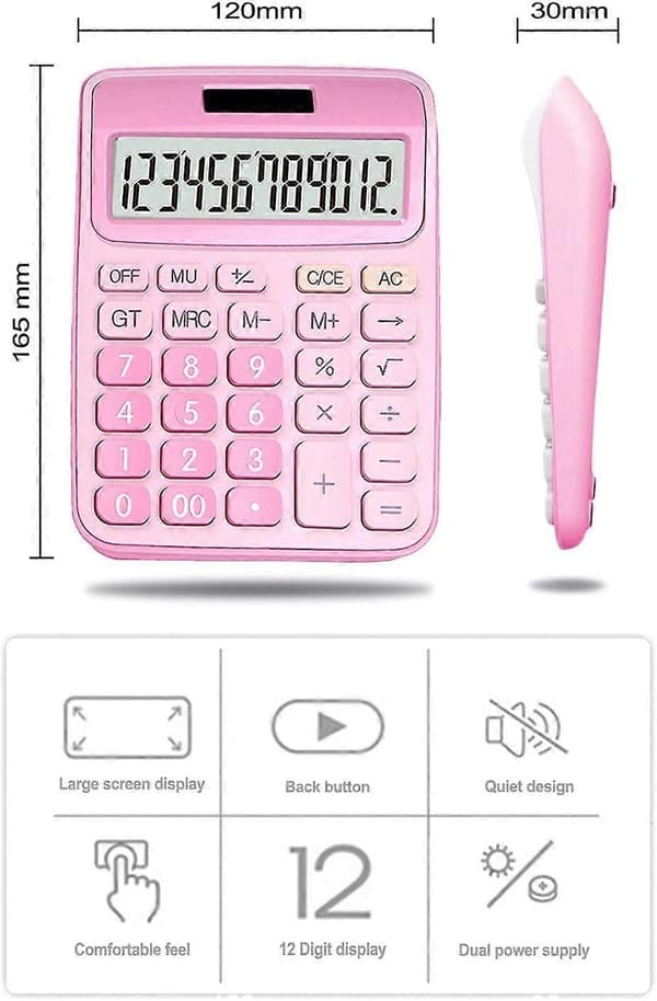 Calculator, 12-Digit Basic Desktop Calculator, Solar Battery Dual Power Supply with Large LCD Display and Large Buttons Office Calculator (Pink)