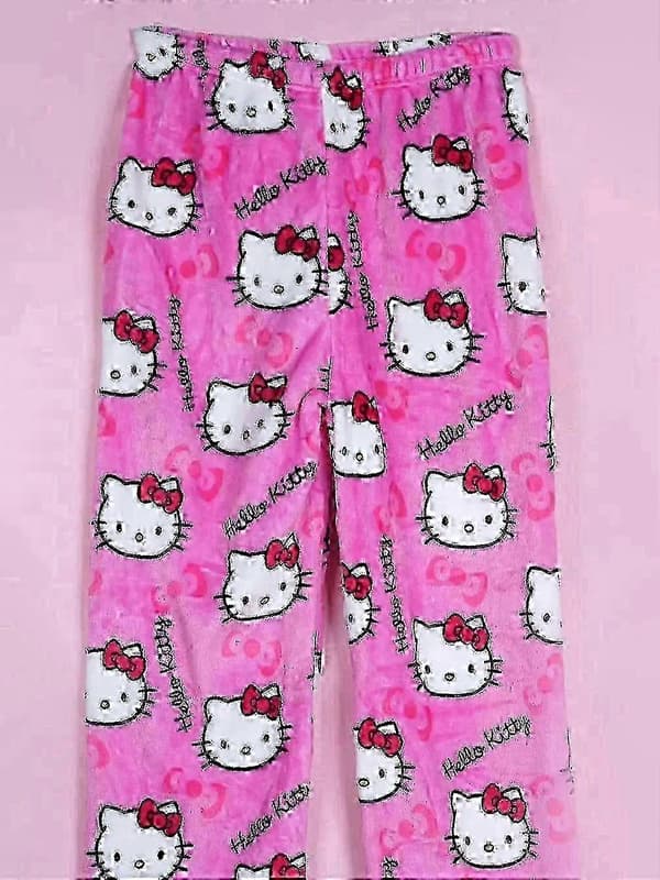 Hello Kitty Katte-tema Flannel Pyjamasbukser, Varme og Bløde Lange Stil til Efterår Vinter, Mænd og Kvinder Y1-B M 37-47KG