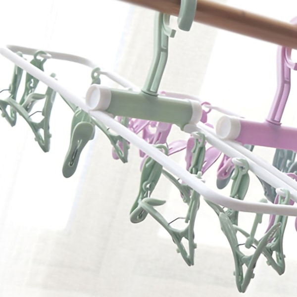 Drying Clip Rack Plastic Foldable Windproof Antiskid Underwear Sock Hanger with 12 Clips for Home Nordic Green