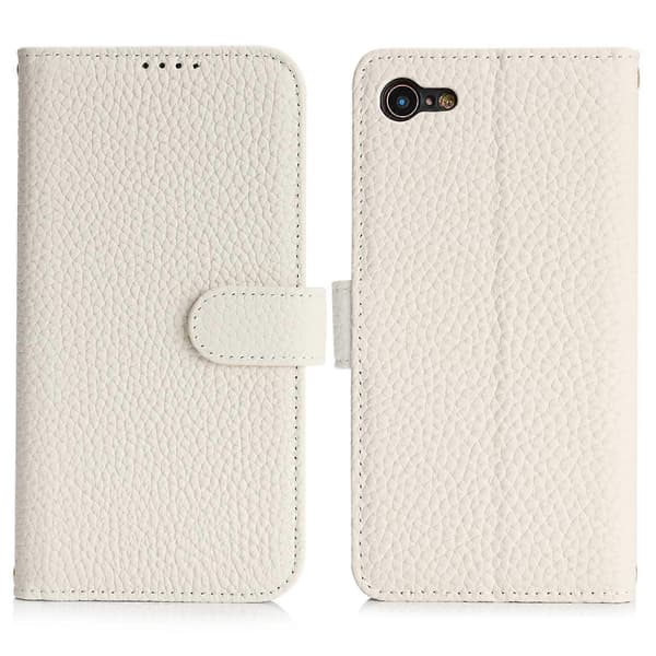 For iPhone SE (2022) (2020) 8 7 Stand Case Litchi Texture Genuine Leather Wallet Case RFID Blocking White