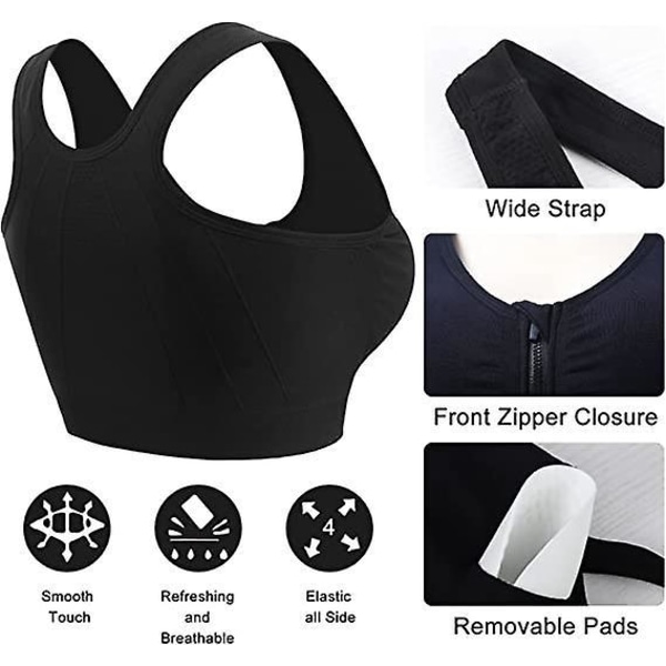 XL sportsundertøj til kvinder med aftagelige puder og push-up-bh med lynlås foran til yoga, fitness og jogging (2 pakke)