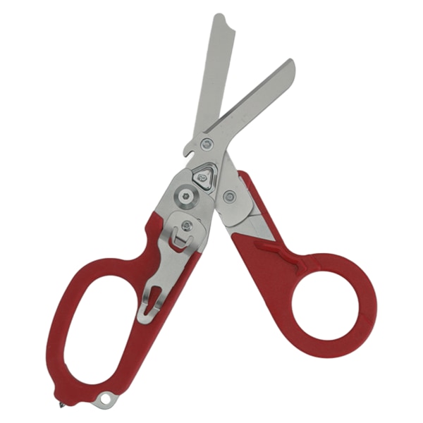 Emergency Response Shears Foldable Shear with Ring Cutter Glass Breaker Latching Function For Indoor Outdoor Red