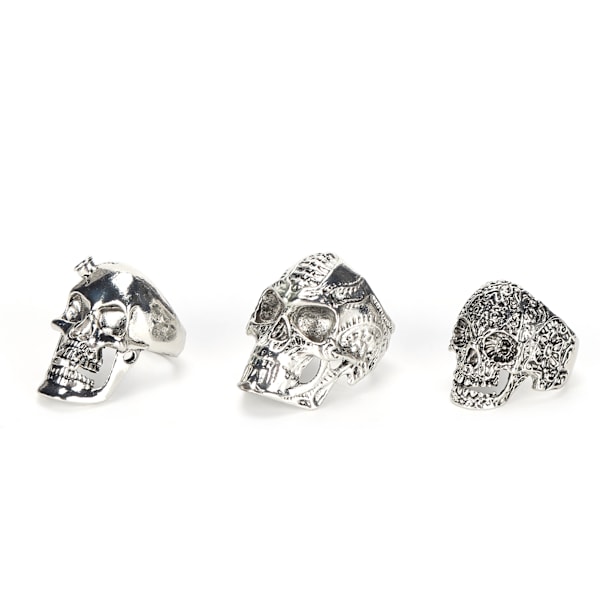 3pcs Skulls Rings Alloy Fashionable Ring Set Vintage Silver Cosplay Skull Rings for Men