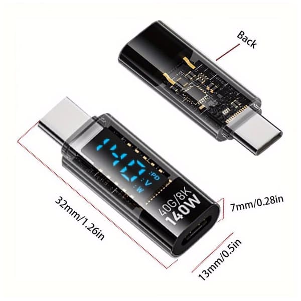Sæt med 2 adaptere med en maksimal effekt på 140 W, med USB-C til USB-C forbindelse og digitalt display