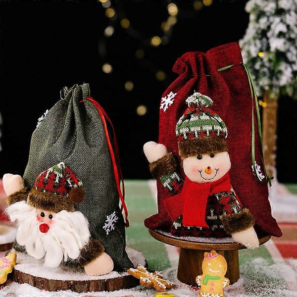 Julväskor med dragsko, 3D julklappspåsar, julinslagningspåsar, julgodispåsar, röda godispåsar (3-pack)