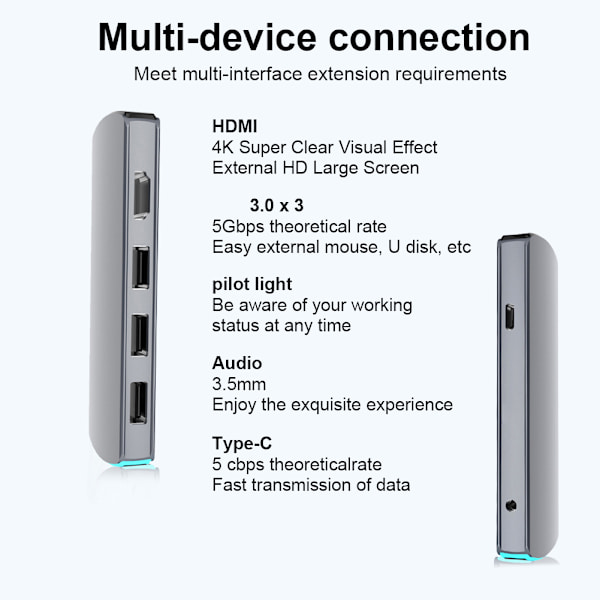 6-i-1 Multifunktionell HD Dockningsstation Typ C till HDMI USB3.1 HUB med PD Laddning