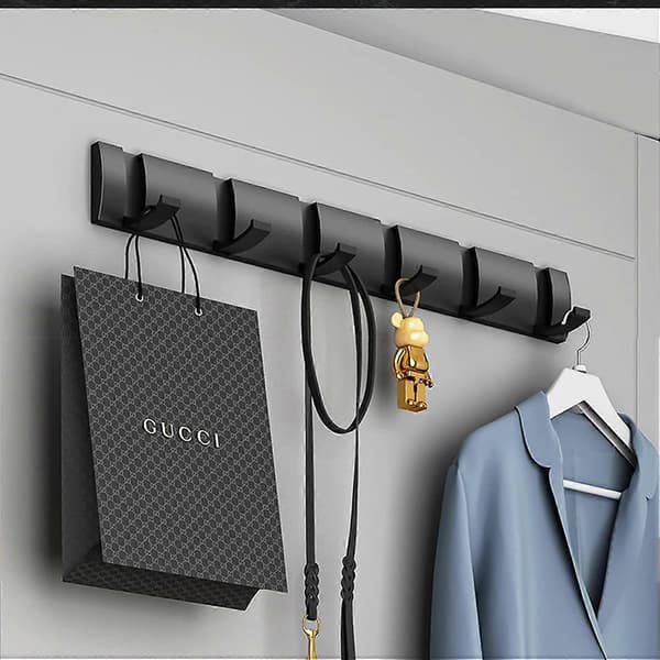 Wall Mounted Coat Rack with 6 Hooks, Modern Black Foldable Bathroom Hanger, Space-Saving Towel Rack for Hanging Jackets, Hats
