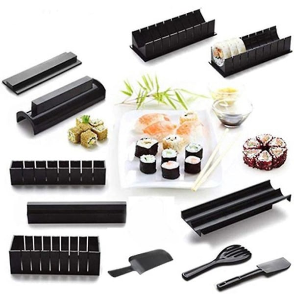 11-delers sushilagingssett i plast med 8 former, rulleform, gaffel og slikkepott - DIY Sushi-sett