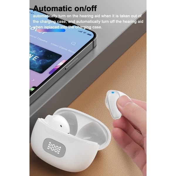 Høreapparat i øreproppform, forsterker lyd, gir klar lydkvalitet, er oppladbart (ingen Bluetooth-funksjon).